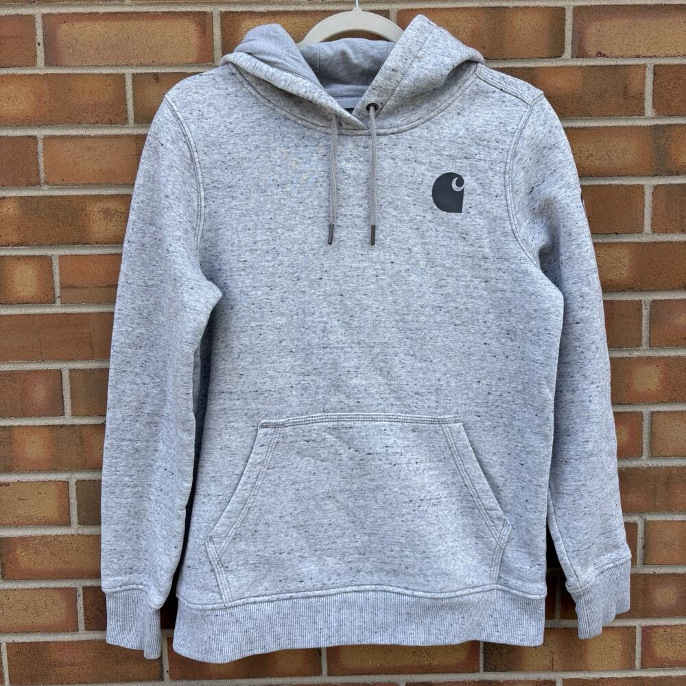 Carhartt Womens Small Gray Hoodie Graphic Sleeve Pullover Sweatshirt Stain